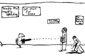 Engine Dog sees a sign that threatens to shoot people.